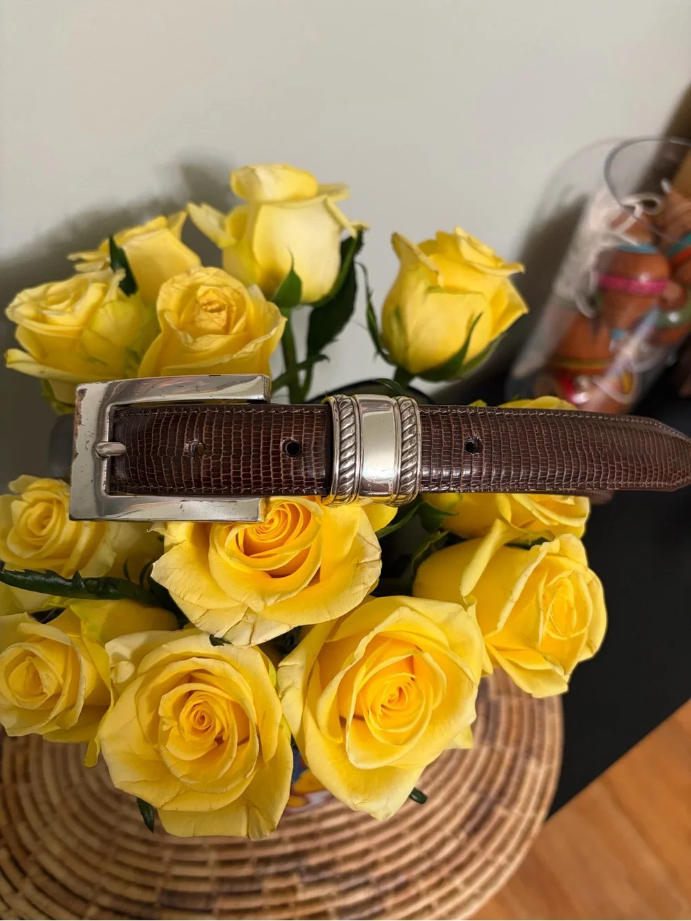 Brighton Brown reptile embossed silver hardware belt M/L waist 28”-32”